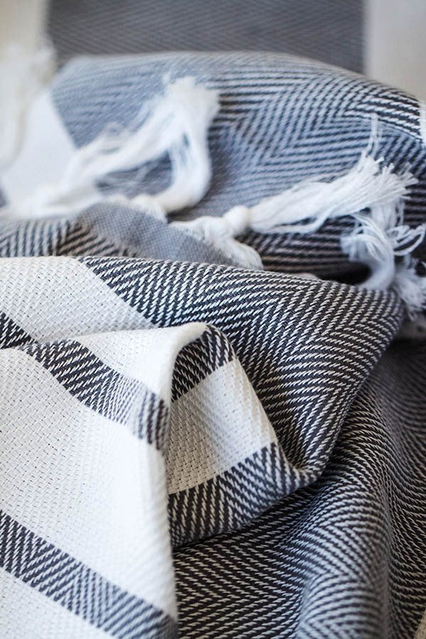 Herringbone Dark Grey & White Turkish Towel The Cotton Company